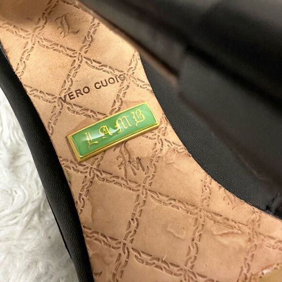 L.A.M.B. Black Peep Toe Leather & Suede Chunky Buckle Ultra High Heel sz 7 M - Picture 10 of 10